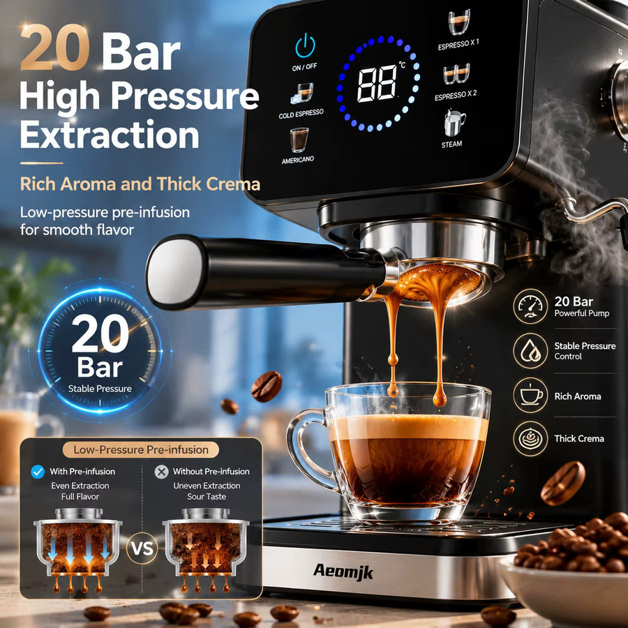 SZWDSE Halbautomatische Espressomaschine mit integriertem Milchaufschäumer und Temperaturregelung, 20 bar Druck, Schwarz - Bild 3