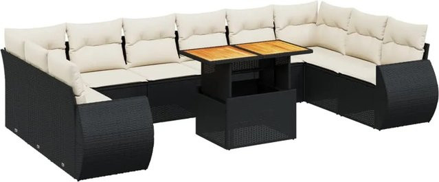 vidaXL 11-tlg. Garten-Sofagarnitur in L-Form aus Polyrattan mit Kissen in Schwarz und Weiß - Bild 1