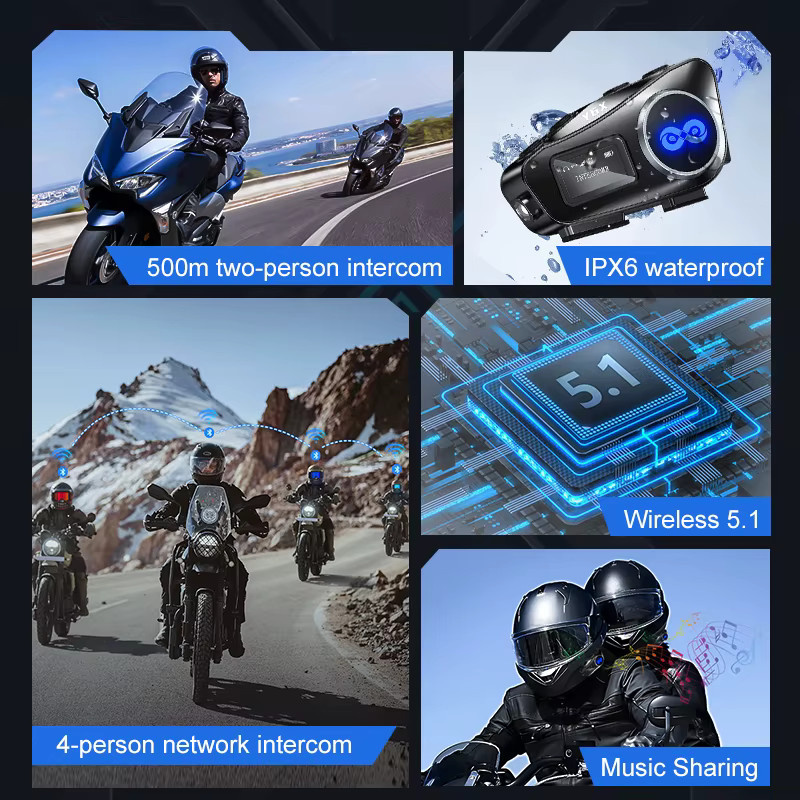 XINOWY Y6X Motorrad Bluetooth Helm Intercom Headset mit Musik-Sharing, Rauschunterdrückung, FM Radio und LED-Beleuchtung, Schwarz - Bild 2