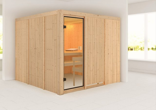 Karibu Sauna Arvika aus nordischer Fichte mit Fronteinstieg und bronzierter Glastür, Farbe Braun, B/T/H: 231 x 231 x 198 cm - Bild 1