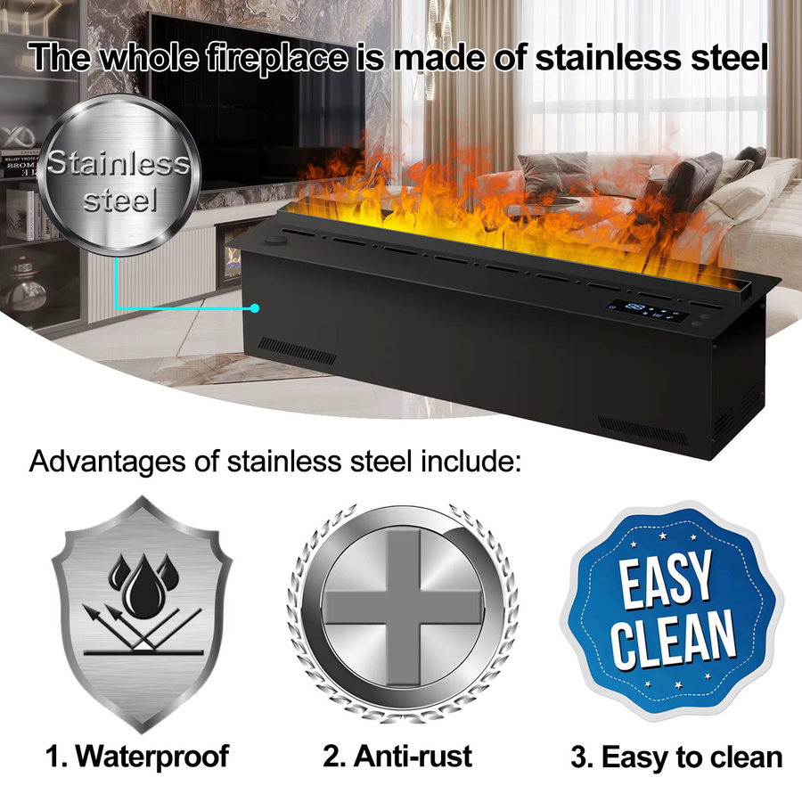 AFLYEVER 3D-Wasserdampf-Elektrokamin in Schwarz mit Edelstahl-Design, Fernbedienung und App-Steuerung, B/T/H: 120 x 20 x 13 cm - Bild 6