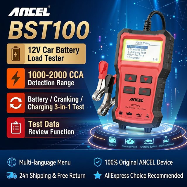 ANCEL BST100 12V Batterietester und Autobatterieanalysator zur Prüfung von Anlassstrom und Ladeschaltung bis 220Ah und 2000CCA - Bild 1