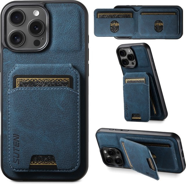 SUTENI Luxus Kunstleder Standhülle mit Lychee-Textur und Kartenfach in Blau für iPhone 17 Pro Max 16 Plus 15 14 13 12 mit mattiertem Finish - Bild 1