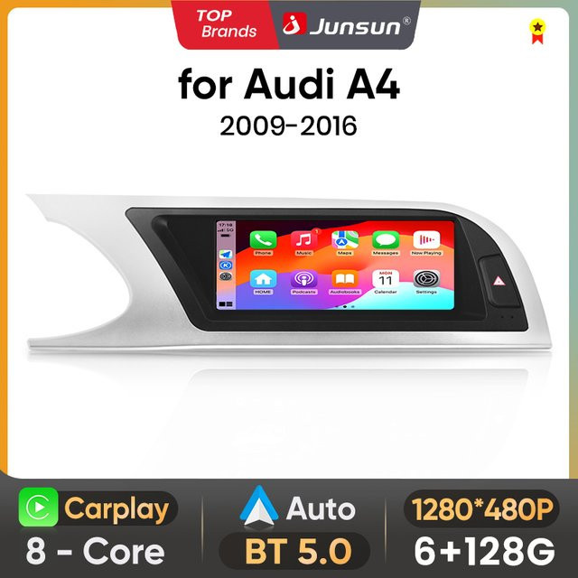 Junsun 8,8 Zoll Bluetooth Wireless CarPlay Android Auto Autoradio für Audi A4 A4L B8 2009-2016 8-Kern 4G WiFi Stereo Multimedia Player in Schwarz - Bild 1