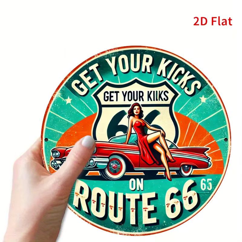 Potdemiel Rundes Metallschild Vintage Red Car on Route 66 Wandkunst Multicolor Durchmesser: 19,81 cm - Bild 4