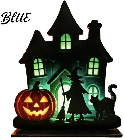 Halloween Holz-Tischdekoration mit Hexen-Silhouette und schwarzer Katze in Schwarz - Bild 1
