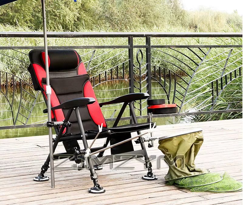 ZJMZYM Tragbarer ausziehbarer Angelstuhl mit verstellbarem Hocker und Chaise Lounge Funktion in Rot - Bild 5