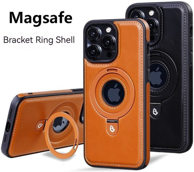 Dolob Luxuriöse PU-Leder-Handyhülle mit magnetischer Halterung und hohler Logo-Abdeckung für iPhone 16, 15, 14, 13 Pro Max, Farbe: Braun, MagSafe kompatibel für kabelloses Laden - Bild 1