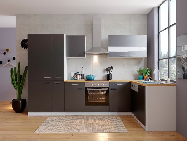 Respekta Winkelküche mit Kühl-Gefrierkombination KBL310WGCGKEG in Grau-Weiß-Nussbaum mit modernem Design, B/T/H: 310 x 172 x 200 cm - Bild 1