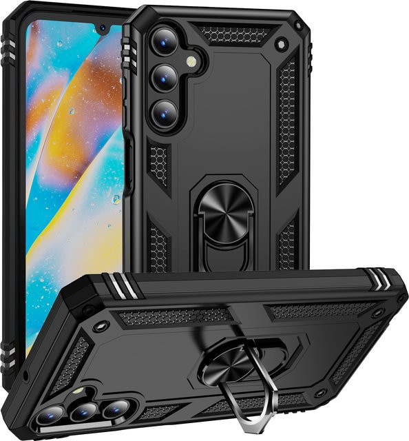 Stoßfeste Panzerhülle für Samsung Galaxy A56 A36 A26 A15 A35 A55 A05S A05 A14 A34 A54 A16 A06 mit Ringständer und Stoßfänger-Rückseite in Schwarz und Gold - Bild 1