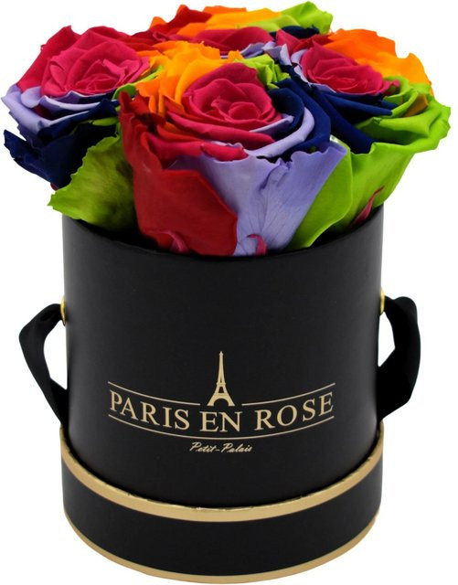 PARIS EN ROSE Rosenbox Schwarz-Gold mit 4 Rainbow Rosen, Durchmesser: 10 cm - Bild 1