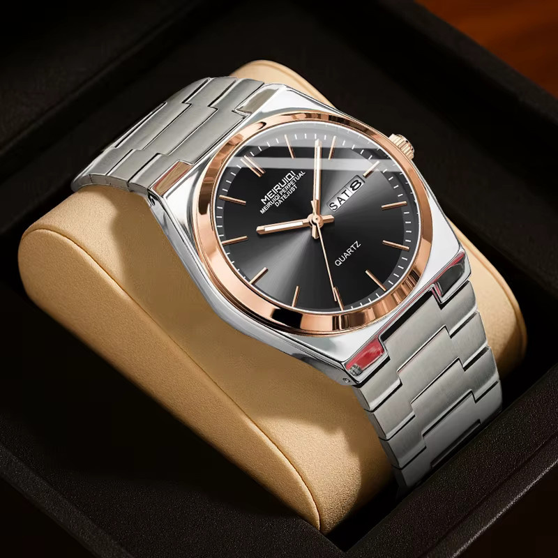 MEIRUIQI Armbanduhr Quarz, Edelstahl, Bicolor, Schwarz, Herren, Datum - Bild 2