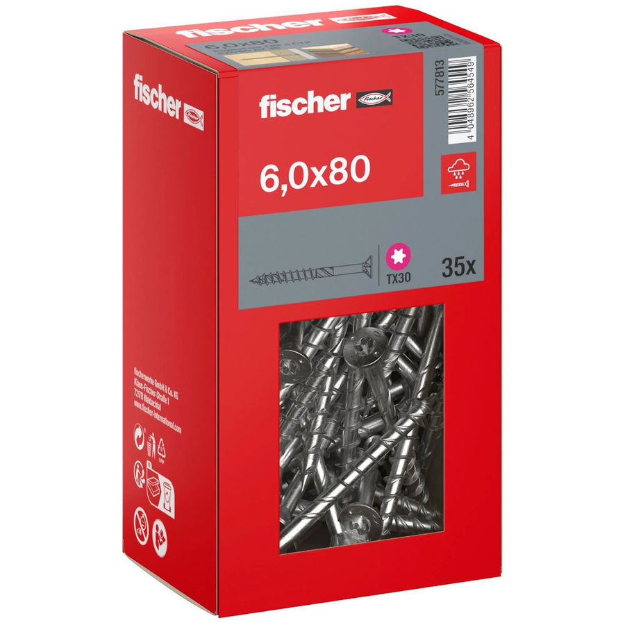 Fischer PowerFast II A2 Senkkopf Schraube mit Torx Teilgewinde aus Edelstahl in Silber, Durchmesser: 6 mm, Länge: 80 mm, 35 Stück - Bild 2