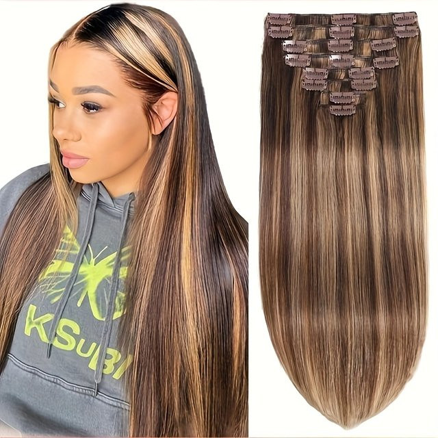 Honigblonde Clip-in-Haarverlängerungen aus Echthaar, gerade, 8 Stück, Damen - Bild 1