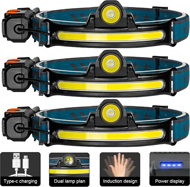 XIWANGFIRE LED Stirnlampe mit XPG+COB Zoom und USB-Ladung, wiederaufladbarer Induktionsscheinwerfer in Schwarz für Outdoor, Camping und Angeln - Bild 1