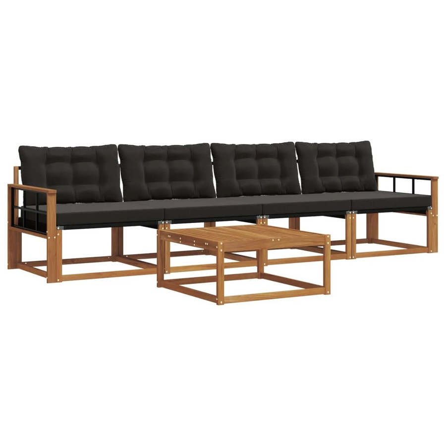 vidaXL Outdoor-Sofagarnitur 5-tlg. aus Akazienholz und Textilene in Natur und Schwarz mit Kissen - Bild 2