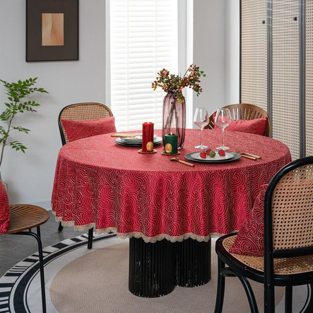Wasserdichte runde Tischdecke von Super Six in Rot und Gold mit floralem Jacquard-Muster, Durchmesser: 160 cm - Bild 1