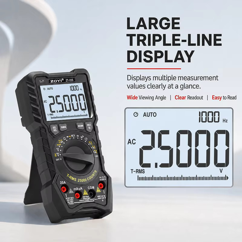 ZOYI ZT-225 True-RMS Digitalmultimeter mit 25000 Zählungen, 4½-stellig, automatischer Bereichswahl und Temperaturmessung, Schwarz - Bild 6