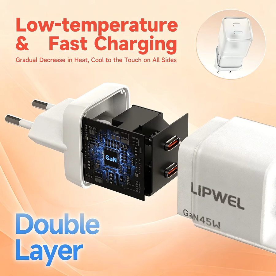 45 W GaN Schnellladegerät mit Dual USB-C Port, Wandladegerät mit EU-Stecker in Blau für Smartphones und Tablets - Bild 2