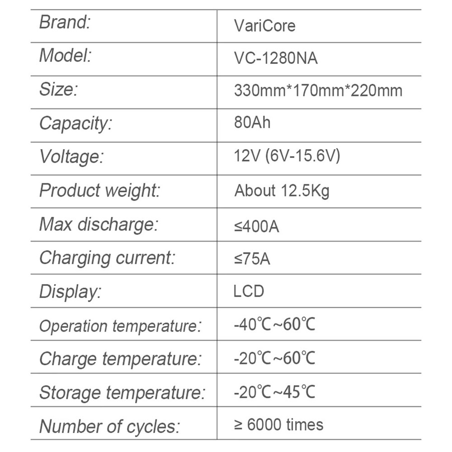 Varicore Natrium-Ionen-Batterie 12V/15,6V 80Ah in Schwarz, kältebeständig für Elektroautos, Golfcarts und Solaranlagen - Bild 2