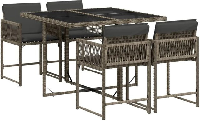 vidaXL 5-tlg Garten-Essgruppe aus Poly Rattan mit Hartglas-Tisch und Kissen in Grau - Bild 1