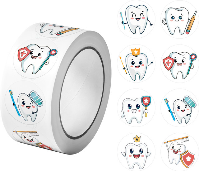 Take Care of Teeth Dental Defender Aufkleber, 500 Stück, 8 Designs, rund, Durchmesser: 2,5 cm, Mehrfarbig - Bild 1