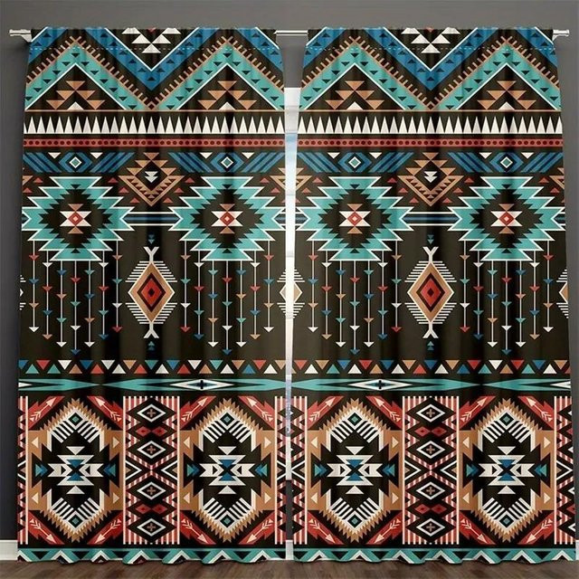 Set aus 2 Boho Jit Geometrischen Ethnischen Vorhängen aus Polyester in Multicolor, Verdunkelungsvorhänge mit Stangentasche, Breite: 100 cm, Höhe: 70 cm - Bild 1