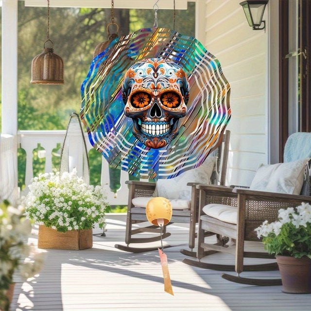 CIFBUY Zuckerschädel-Windspiel aus Metall in Multicolour, 25,4 cm Durchmesser, lasergeschnitten und 360 Grad drehbar für den Außenbereich und Halloween - Bild 1