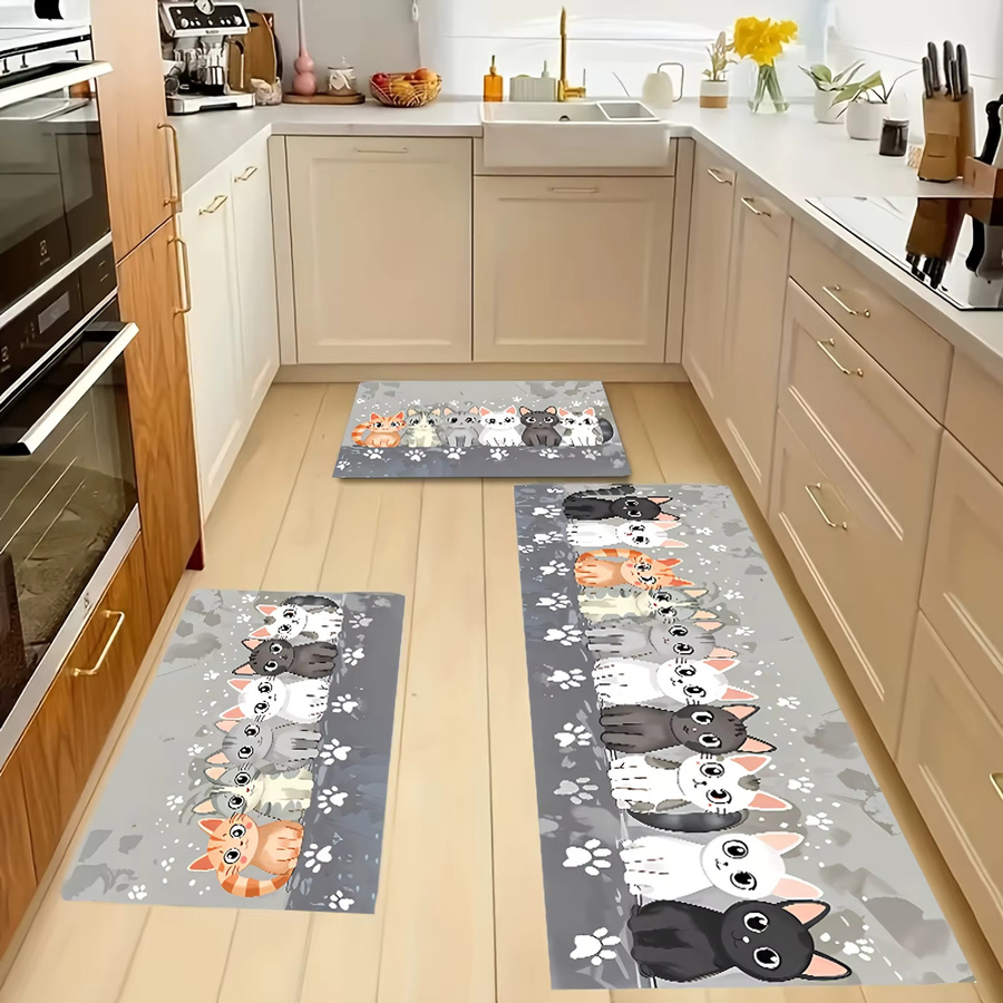VIKAMA Küchenmatte mit Cartoon-Katzen-Motiv, rutschfester und saugfähiger Läufer in Mehrfarbig für Kinderzimmer und Schlafzimmer - Bild 3