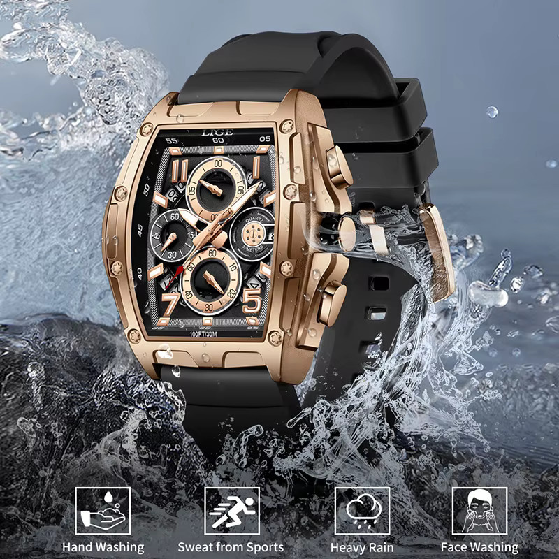 LIGE Armbanduhr Chronograph, Quarz, Eckig, Schwarz, Roségold, Herren - Bild 4