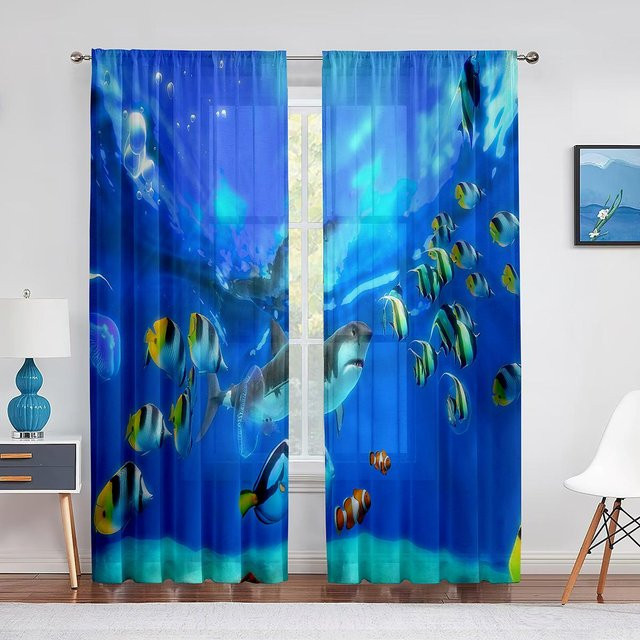 Binchi Outdoor Equipment Tüllvorhang mit Unterwasser-Ozean-Motiv, tropische Fische und Korallen, transparent, blau/mehrfarbig, B: 100 cm, H: 250 cm - Bild 1