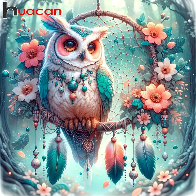 Huacan Diamant-Gemälde Eule und Blumen als runde Wanddekoration in Multicolour - Bild 1