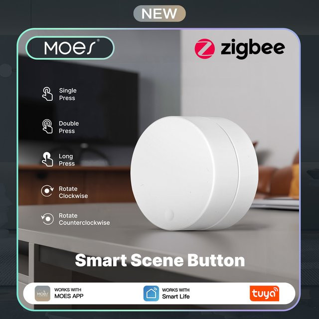 MOES Tuya Zigbee Smart Szenen-Schalter Drehknopf Kabellose Fernbedienung mit RGB-Beleuchtung für 5 Aktionen zur Steuerung deiner Heim-Szenarien in Weiß - Bild 1
