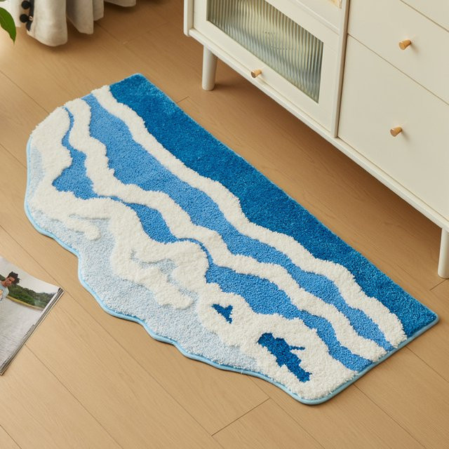 VIKAMA Blaue gewellte Fußmatte, rutschfeste und saugfähige Teppichmatte für Schlafzimmer und Nachttisch - Bild 1