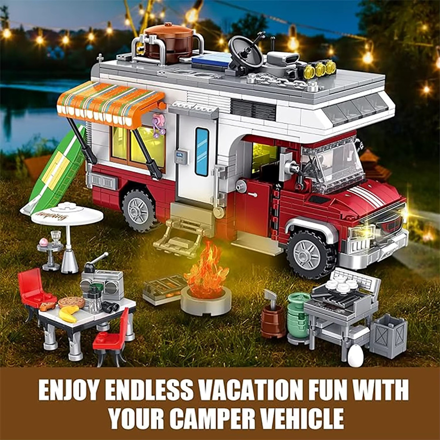 CONUSEA Urlaubs-Campingbus-Bausatz, Wohnmobil-Modell, mit LED-Beleuchtung und Outdoor-Grillzubehör - Bild 6