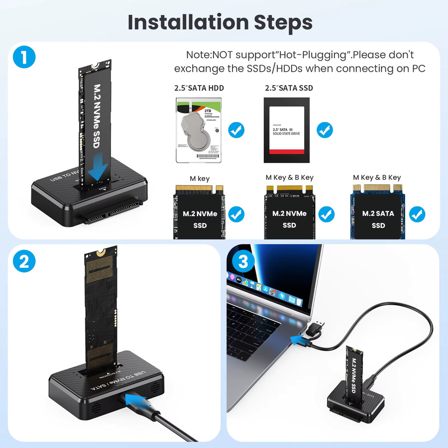 IRhasta M2 SATA NVMe zu USB 3.1 10Gbps Testadapter und Dockingstation für 2,5 Zoll SATA SSD sowie M2 SSD Formate 2230 2242 2280 22110, Schwarz, USB-C - Bild 3