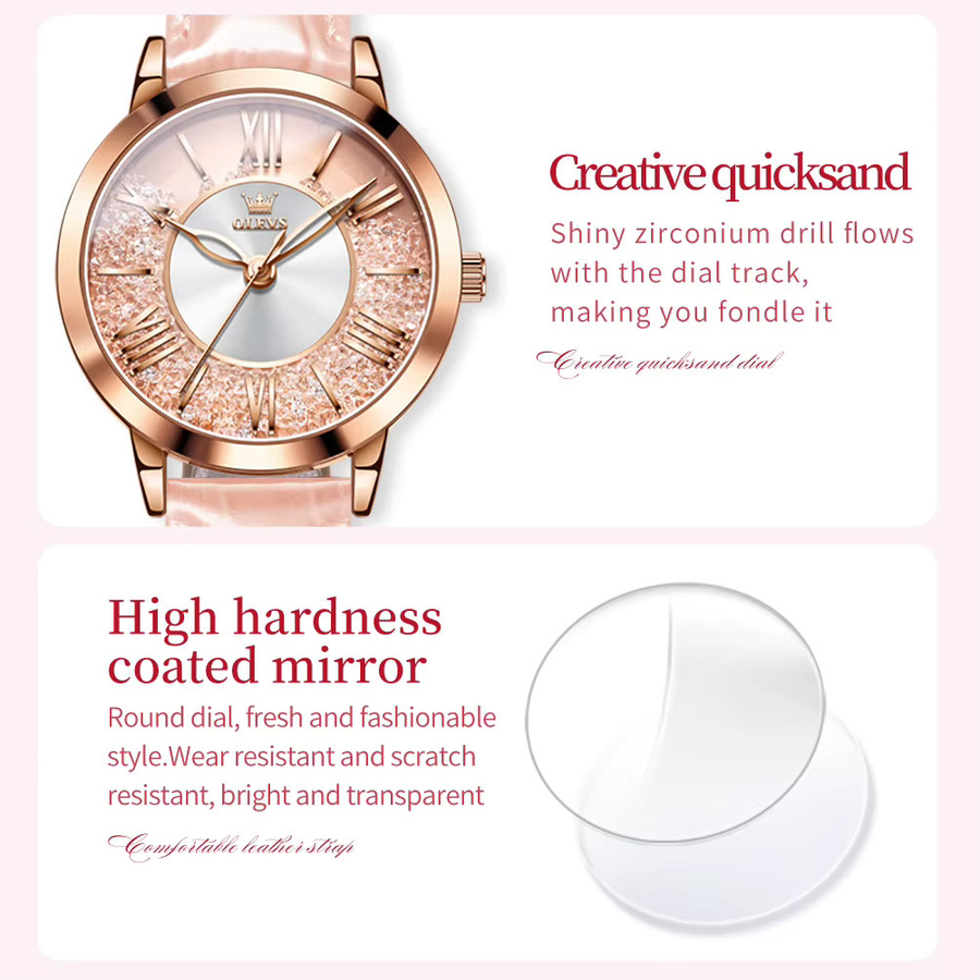 OLEVS Armbanduhr Quarz, Leder, Roségold, Kristall, Damen - Bild 2