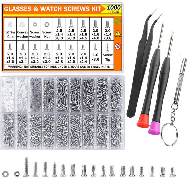 BOVILEVR 1000-teiliges Brillen-Reparaturset mit Edelstahl-Schrauben, Muttern, Mini-Schraubendrehern und Pinzette für Brillen, Uhren und Elektronik - Bild 1