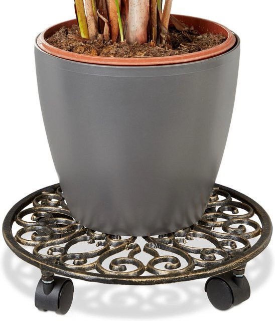 Relaxdays Pflanzenroller aus Gusseisen in Bronze/Gold, B/T/H: 33,5 x 33,5 x 7,5 cm - Bild 1