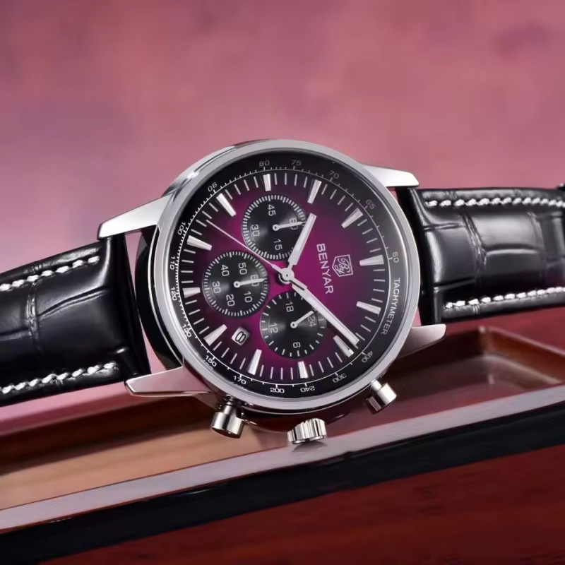 Benyar Chronograph, Quarz, Leder, Edelstahl, Silber, Herren - Bild 5