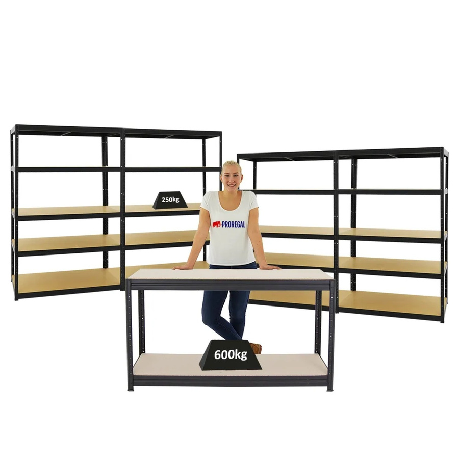 PROREGAL Set aus 4x Schwerlastregal Big Elephant M und 1x höhenverstellbarer Werkbank Big Dino, Schwarz, H x B x T: 180 x 120 x 60 cm und H x B x T: 90 x 160 x 60 cm - Bild 2