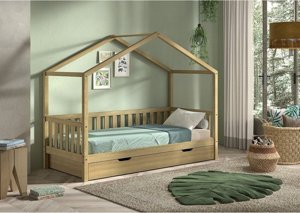 Vipack Hausbett für Kinder aus Eiche Massiv Natur mit Bettschublade, Liegefläche 90 x 200 cm, Farbe Braun