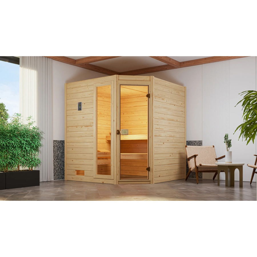 WEKA Ecksauna Valida Eck 1.8 aus Fichtenholz mit Glastür und Fenstern, Braun, B/H/T: 189 x 203,5 x 172 cm - Bild 2
