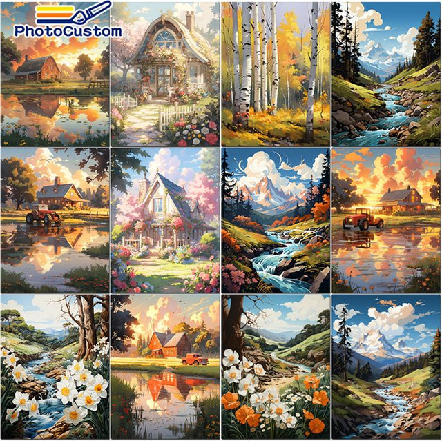 PhotoCustom Malen nach Zahlen Set mit Berglandschaft auf Leinwand für Erwachsene in Mehrfarbig - Bild 1