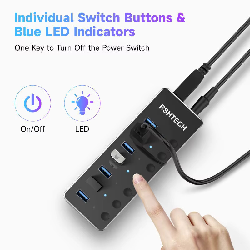 RSHTECH USB-Hub aus Aluminium mit 5 Gbit/s, USB 3.0 Splitter mit 2-in-1 USB Typ-A und Typ-C Kabel, Farbe: Silber - Bild 4