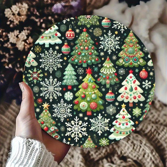 Rundes Metallblechschild Potdemiel mit Weihnachtsbaum- und Schneeflockenmuster in Multicolor, Durchmesser: 20 cm - Bild 1