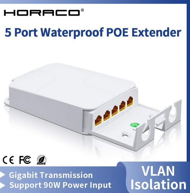 HORACO 5 Port Regenfester POE-Extender mit 4 Port Repeater 100/1000 Mbit/s Outdoor-Netzwerk VLAN 44–57 V für POE-Kamera und Wireless AP in Weiß - Bild 1