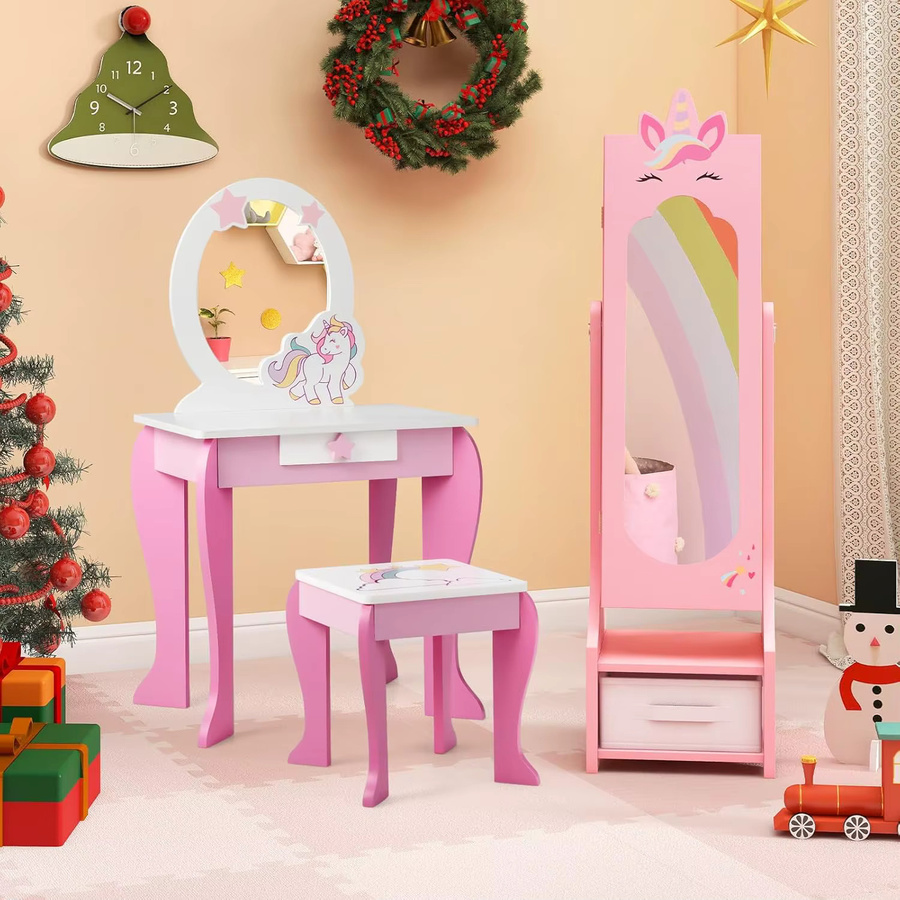 GOFLAME Kinderschmuckschrank als 2-in-1 Spiegelschrank mit Schmuckständer, Rosa/Weiß, H x B x T: 115 x 31,5 x 30 cm - Bild 3