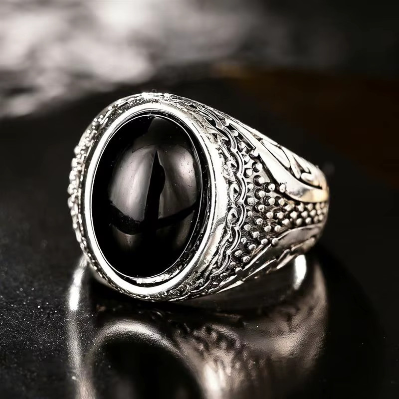 Huitan Schmuck Damen, Silber, Vintage, schwarzer ovaler Stein - Bild 3