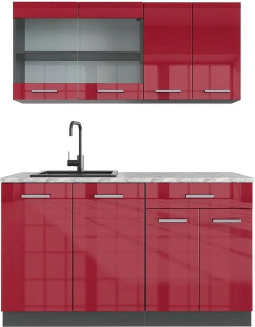 Vicco R-Line Singleküche Bordeaux Hochglanz und Anthrazit mit Marmor-Arbeitsplatte Breite: 140 cm - Bild 1